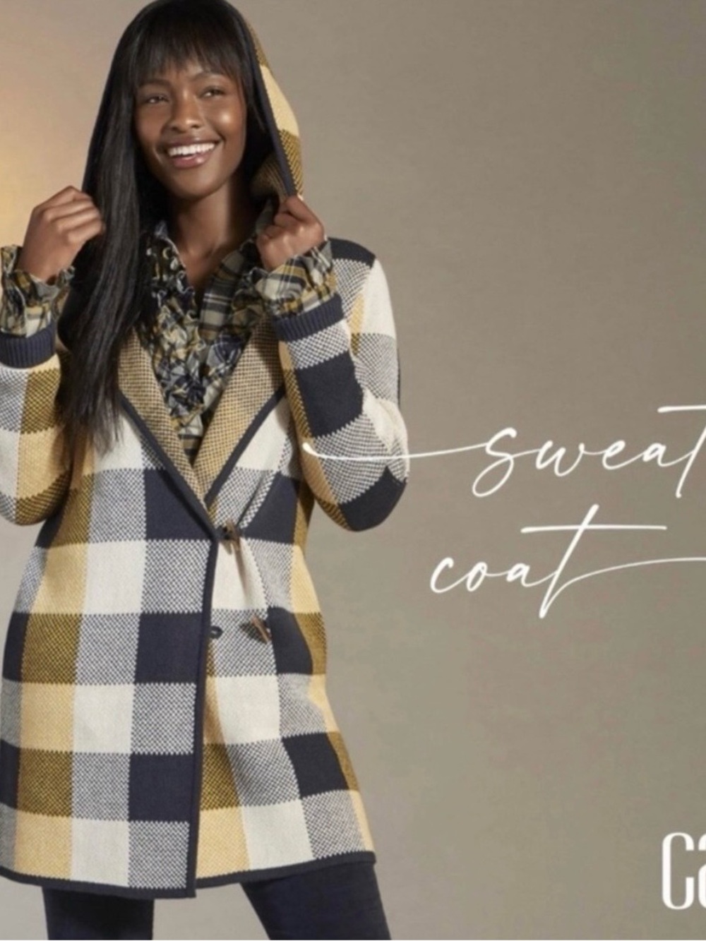 CAbi Plaid Hooded Sweater Coat in Navy, White & Mustard